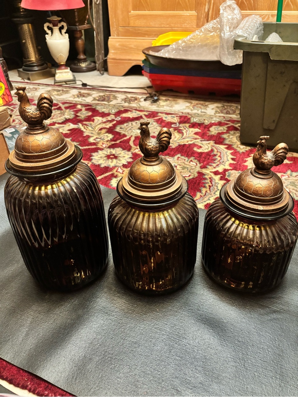 Antique Indian Cast Bronze Lidded Vessels With Figural Bird Finials